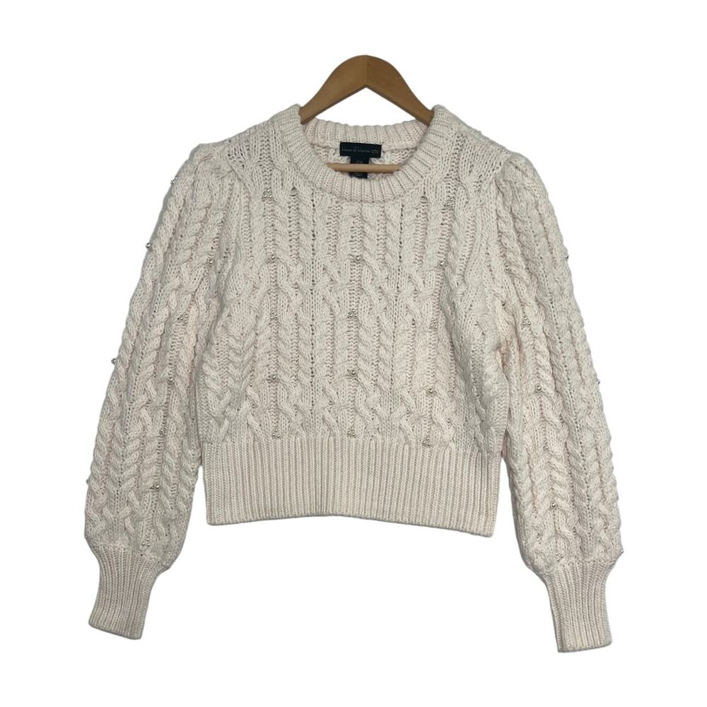 House Of Harlow 1960 Sweater Womens M Ivory Wool Blend Cable Knit Pearl Coquette